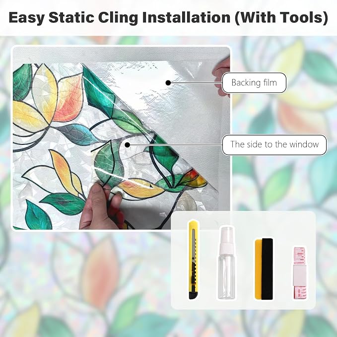 Finnez Rainbow Stained Glass Window Privacy Film, Static Cling No Glue, UV Blocking & Heat Control, Removable & Reusable for Home Office Bathroom Door (Stained Leaf, 23.6" x 157.4")