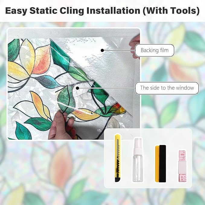 Finnez Rainbow Stained Glass Window Privacy Film, Static Cling No Glue, UV Blocking & Heat Control, Removable & Reusable for Home Office Bathroom Door (Stained Leaf, 17.5" x 157.4")