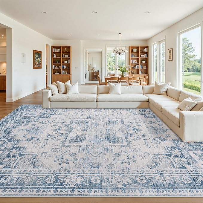 9x12 Area Rugs for Living Room:Blue Washable Vintage Medallion Boho Rug Non-Slip No Slip Stain Resistant Soft Low Pile Large Rugs Indoor Retro Carpet for Bedroom Nursery Dining (Blue Grey 9'x12')