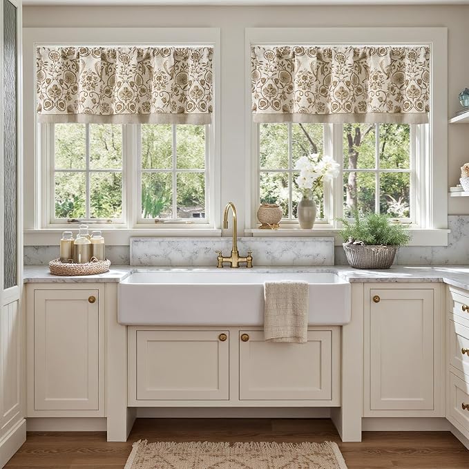jinchan Linen Valance Kitchen Curtain Pack of 2 Double Layer 16 Inch for Living Room Bedroom Window Treatment Light Filtering Vintage Farmhouse Cottagecore Rod Pocket 2 Panels Taupe on Beige