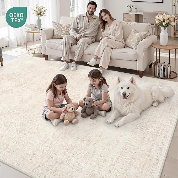 5x7 Area Rugs for Living Room: Vintage Boho Neutral Washable Rug Indoor Soft Large Area Rug Carpet for Bedroom Nursery Farmhouse Dining Room Office Floor Non-Slip Low Pile Under Table Rug Beige