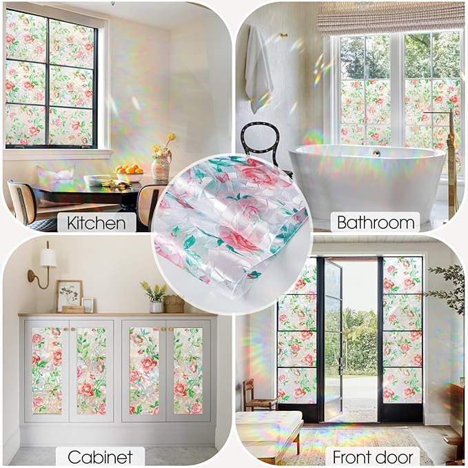 Coavas Window Privacy Film, Rainbow Stained Glass Decorative Window Clings, Anti-UV Heat Control Static Cling, Non-Adhesive Windows Tint for Home Bathroom Door, 23.6 x 78.7 Inches