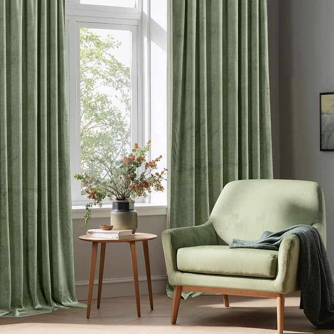 StangH Sage Green Small Window Curtains 63 inches Long, Thick Warming Velvet Curtains Room Darkening Privacy Protect for Bedroom Elegant Decor for Living Room, W52 x L63, 2 Panels Set