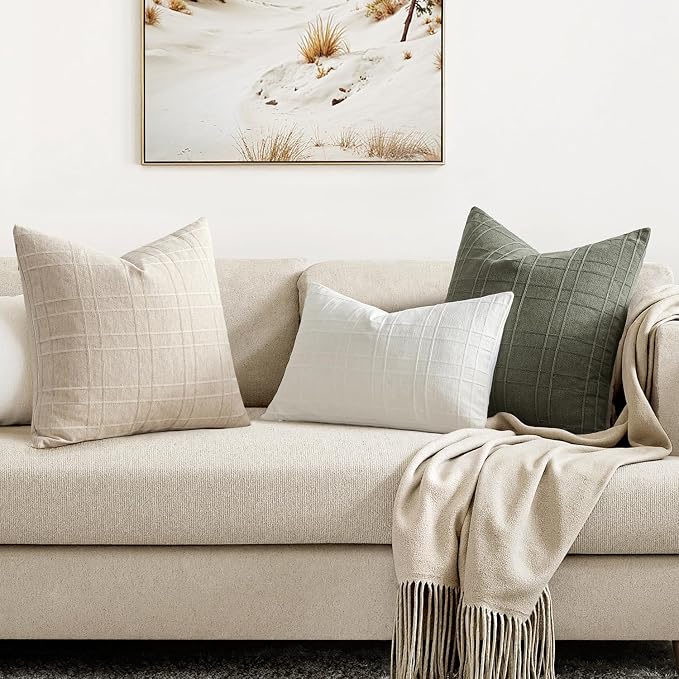 MIULEE Decorative Linen Check Lumar Throw Pillow Covers Neutral Farmhouse Vintage Pillow Covers 12x20 Set of 2 Boho Modern Home Decor for Sofa Couch Bedroom Cushion Natural Beige