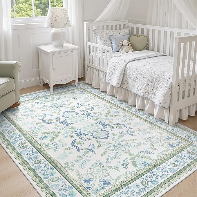 DCX Green 4x6 Rug, Kid & Pet Friendly with Rubber Back Non Slip, Machine Washable Stain Resistant Botanical Floral Rug for Living Room, Bedroom, Soft Low Pile Large Nursery Carpet