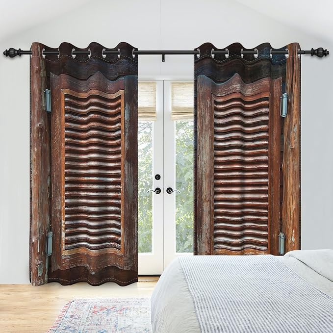 Rustic Wooden Barn Door Blackout Window Curtains Wood Planks Farm Farmhouse Curtains Country Retro Western Vintage Brown Window Treatments Kitchen Bedroom Living Room Decor,42x96 inch,2 Panels