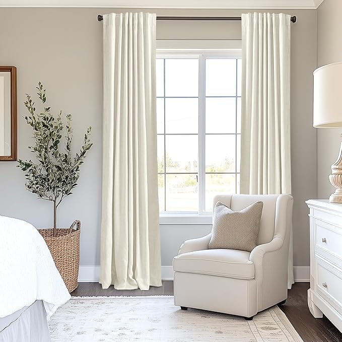 INOVADAY 100% Blackout Curtains for Bedroom, Black Out Curtains 96 Inch Long, Clip Rings Linen Blackout Drapes, Thermal Insulated Room Darkening for Living Room, 2 Panels - Lightcream,W50xL96