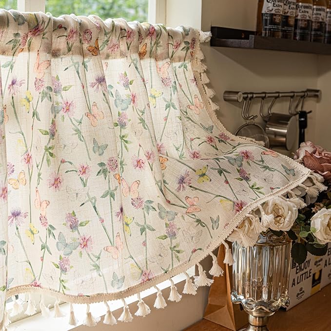 Deeprove Curtain Valance 18 inch for Kitchen Sink Living Room Bathroom Cafe Closet, Florals Butterfly Print, Light FilteringPrivacy Home Whimsical Decoration Winow Short Treatment Drape 52" W x 18" L