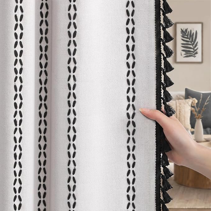 White Boho Blackout Curtains 2 Panels 84 Inch for Living Room Bedroom, Linen Texture Farmhouse Curtains with Tassels and Black Cotton Embroidery Vintage