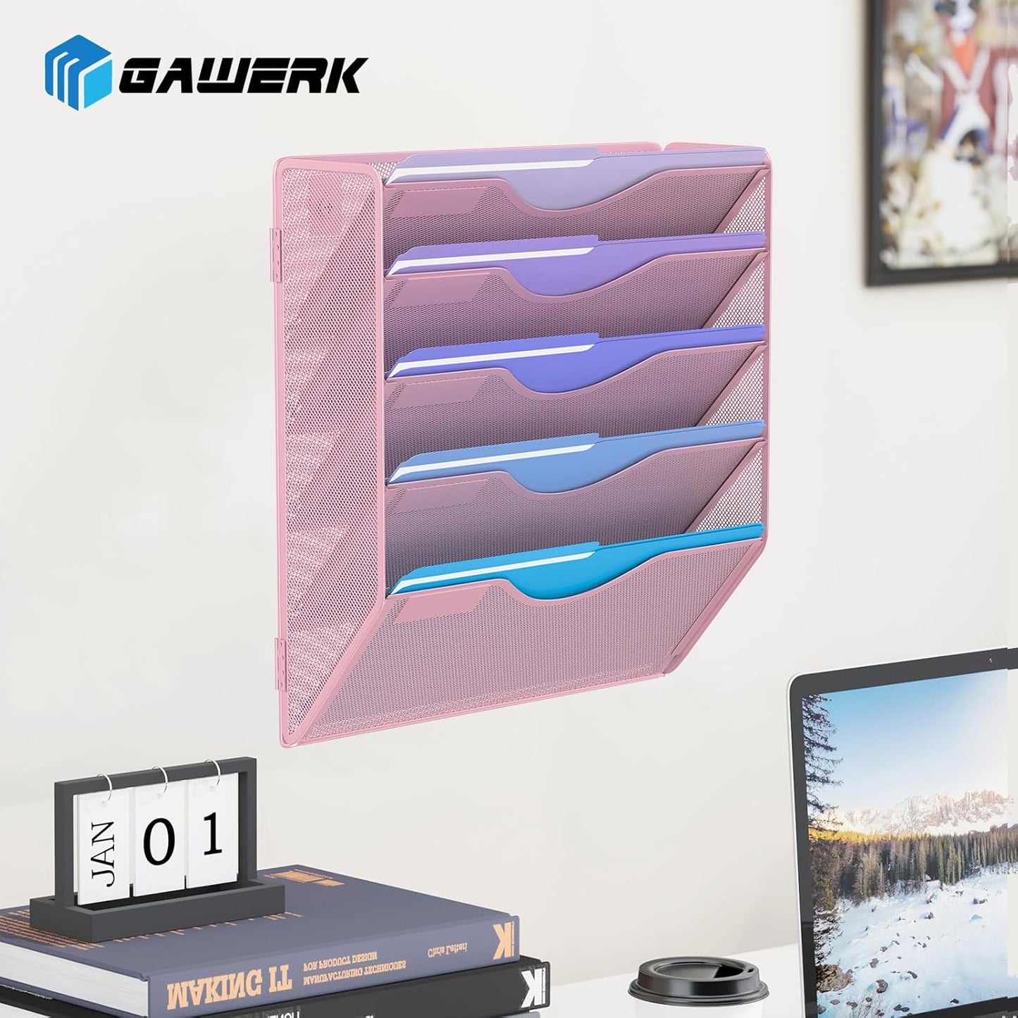 5 Tier Hanging Wall File Organizer, Mesh Mail Paper Orgnization Hanging File Folder Holder for Home Office, Pink