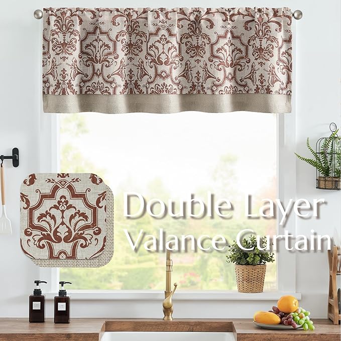 jinchan Linen Valance Curtain for Kitchen Vintage Damask Floral Blackout Valance Double Layer Small Window Curtain for Living Room Bedroom Bathroom 18 Inch Rod Pocket 1 Panel Terracotta on Beige