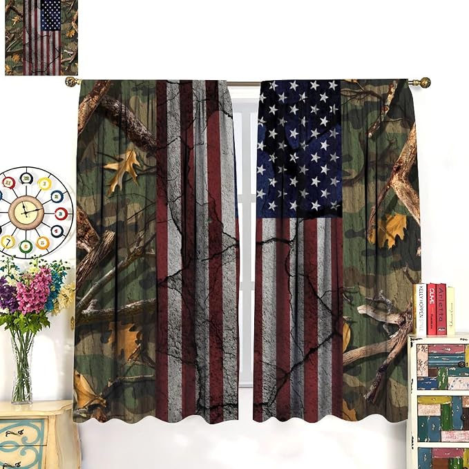 American Flag Curtains,Rustic Camo Forest Independence Day Drapes for Bedroom Living Room Kitchen Window Treatment 2 Panels Set Total Size 63" W X 72" L Inch
