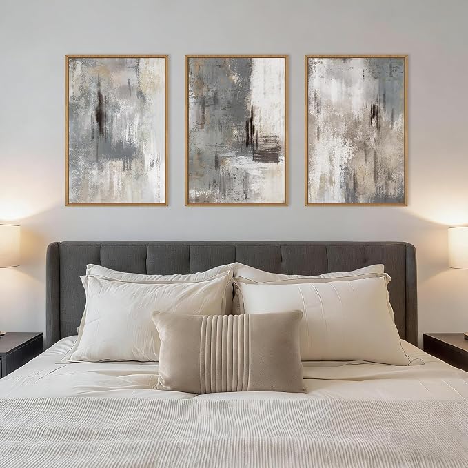 Large Abstract Neutral Gray Beige Framed Canvas Wall Art,Modern Minimalist Earth Tone Brushstroke Wall Decor,Vintage Rustic Color Block Artwork for Living Room,Bedroom,Farmhouse- 24"x36"x3