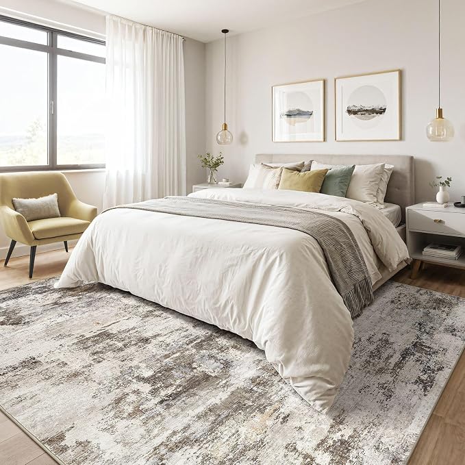 9x12 Area Rug Living Room: Washable Large Abstract Neutral Modern Soft Rugs Stain Resistant Indoor Floor Non-Slip Accent Carpet for Bedroom Nursery Playroom Dining Room Office Dorm Home- Brown Yellow