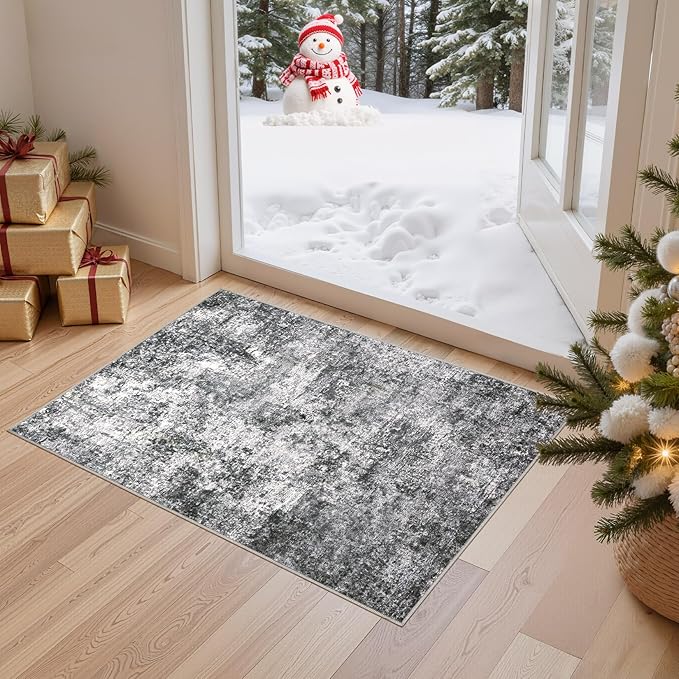 DMOYEST 2x3 Entryway Area Rug: Washable Neutral Modern Abstract Small Rug - Non-Slip Low Pile Throw Indoor Carpet for Entrance Kitchen Front Door Mat Bathroom Entry Kids Room - Grey