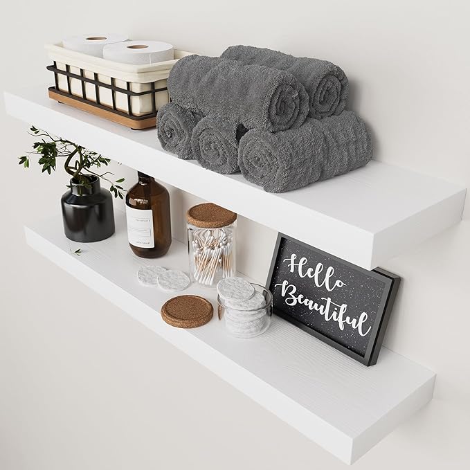 Solid Wood Floating Shelves for Wall 30 Inches Long, White Wooden Shelf | Real Wood, 30 Inch, Bathroom Shelf Large, Heavy Duty, Wall Mounted, Kitchen Bedroom Thick, White Finish, 30W × 6.7D, Set of 2