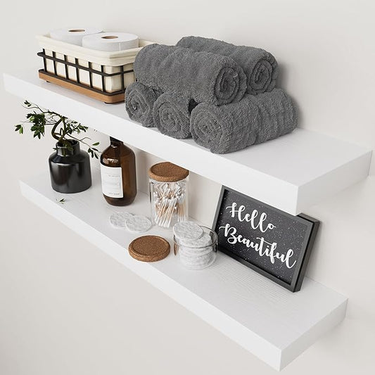Solid Wood Floating Shelves for Wall 30 Inches Long, White Wooden Shelf | Real Wood, 30 Inch, Bathroom Shelf Large, Heavy Duty, Wall Mounted, Kitchen Bedroom Thick, White Finish, 30W × 6.7D, Set of 2