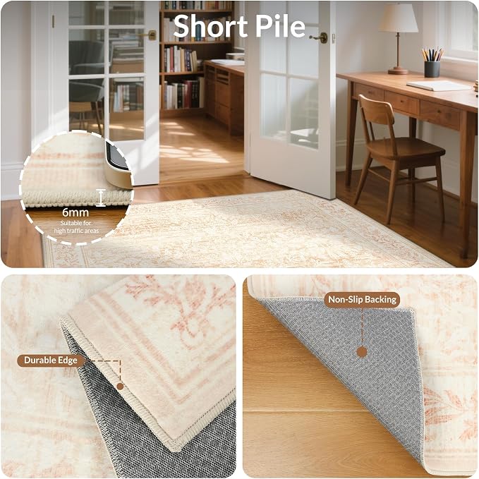 GENIMO 5x7 Washable Area Rugs for Living Room, Non Slip, Pink | Vintage Boho Floral Low Pile Thin Carpet for Bedroom, Dining Room, Nursery, Indoor Decor