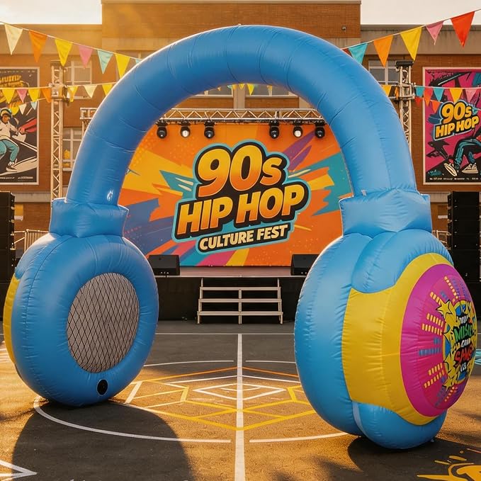 10FT Inflatable Headphones Archway LED Lights 80s 90s Party Decoration | Giant Blow Up Inflatable Arch, Perfect for Hip Hop Disco Retro Birthday Music Party. Easy Auto-Inflate & Reusable