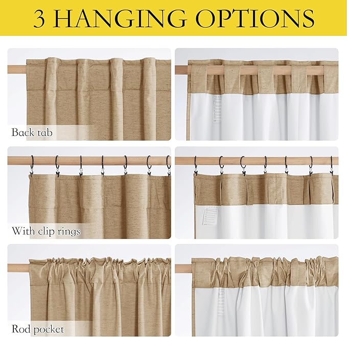 NICETOWN 100% Blackout Linen Curtains for Living Room with Thermal Insulated White Liner, Camel, 52" Wide, 2 Panels, 84" Long Drapes, Back Tab Retro Linen Curtains Vertical Drapes Privacy for Bedroom