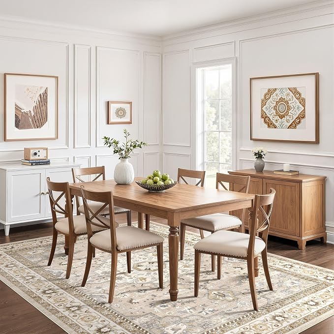 10x12 Area Rug Living Room: Washable Boho Large Neutral Vintage Soft Rug Stain Resistant Farmhouse Non-Slip Indoor Floor Carpet for Bedroom Nursery Kids Playroom Office Dining Room- Beige Grey