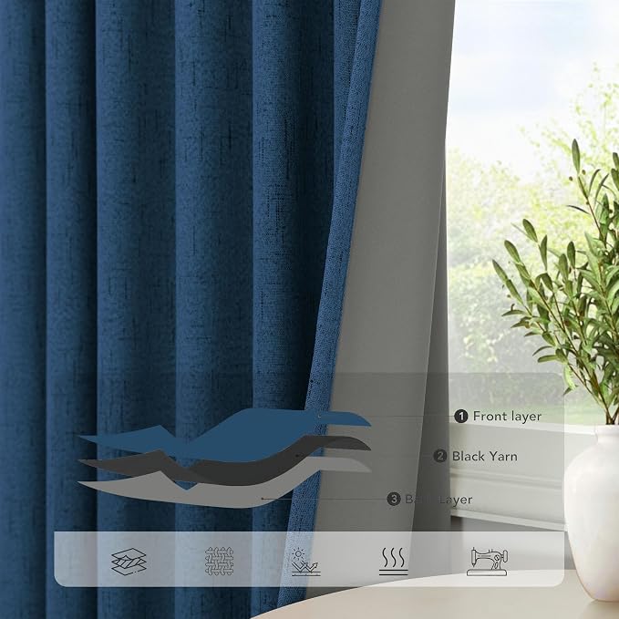 Navy Blue Curtains 108 Inches Long 2 Panel Faux Linen Nautical Modern Farmhouse Blackout Curtain for Bedroom Dining Living Room Divider Drapes Sun Heat Light Blocking Ceiling to Floor Length Dark Blue