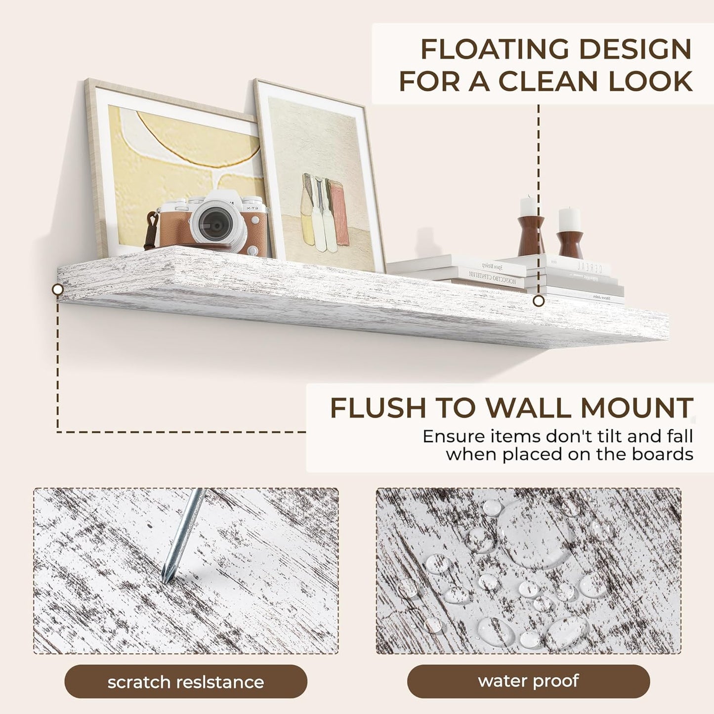 RICHFOCUS 48Inch Floating Shelves for Wall 2 Pack Shelves for Bedroom|Kitchen|Bathroom Wall Mounted Rustic Distressed Wood Floating Shelf with Invisible Brackets for Books|Storage|Decor, Rustic