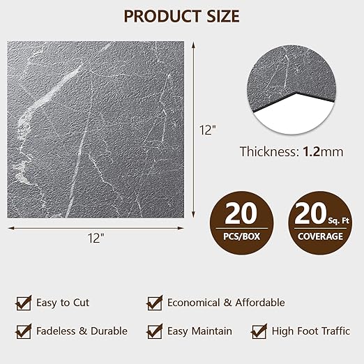Peel and Stick Floor Tile, 20-Pack 12" x 12" Vinyl Flooring, Waterproof Self-Adhesive Luxury Vinyl Tiles, Easy DIY for Living Room, Kitchen, Dinning Room, RV, Cover 20 Sq. Dark Gray Crackle Marble