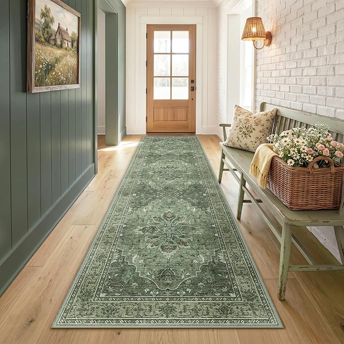 RELEANY Area Rugs Runner 2'x7' Washable Non-Slip, Floral Vintage Distress Medallion Carpet for Kitchen Hallway Bedroom Beside Laundry Room Bathroom, Dark Green Gray