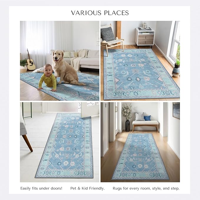 Teal Blue Oushak Large Area Rug 8x10 - Washable Boho Rug Vintage Turkish Non-Slip Carpet Non-Shedding Extra Large Area Rugs for Living Room, Dining, Bedroom, Lounge, Farmhouse