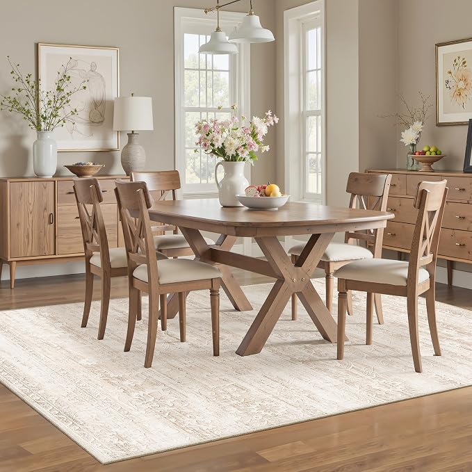 Soalmost 6x9 Area Rugs for Living Room, Washable Neutral Rug Beige Ivory | Vintage Floral Soft Stain Resistant Non-Slip Low Pile Thin Carpet for Dining Room Bedroom Kitchen Home Office Nursery 6'x9'