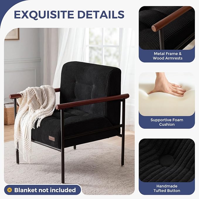 MAXYOYO Living Room Accent Chair, Modern Chair with Metal Frame | Upholstered Reading Chair Modern Living Room Chair with Support Cushion for Bedroom Balcony Porch, Black