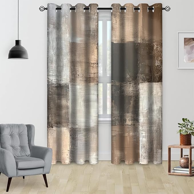 Brown Grey Abstract Blackout Curtain, Rustic Farmhouse Acrylic Aesthetic Unique Vintage Window Curtains Living Room Bedroom Decor Darkening Window Drapes Treatments, 2 Panels 52x96 Inch