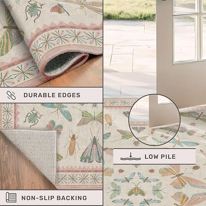 Hazo Haus Cute Rugs for Bedroom Girls - Pink Living Room Rugs 8X10, Dining Room Table, Washable Pastel Flower Insect Print Whimsical Décor