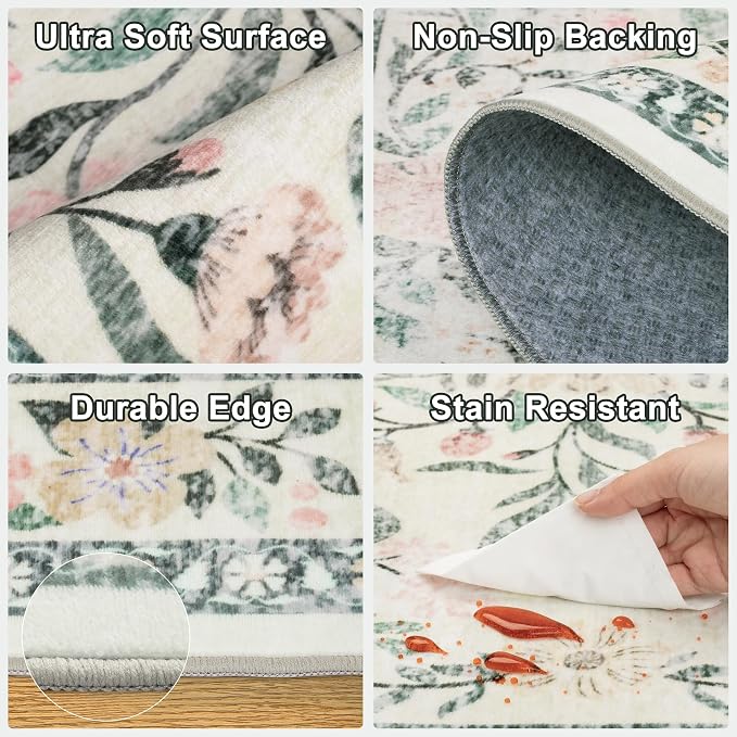 Runner Rug for Entryway: 2.6x10 Kitchen Rugs Non Slip Washable Ultra-Thin Soft Floral Carpet Indoor Floor Stain Resistant Carpets for Hallway Bedroom Kitchen Laundry Bathroom Dorm Green/Beige