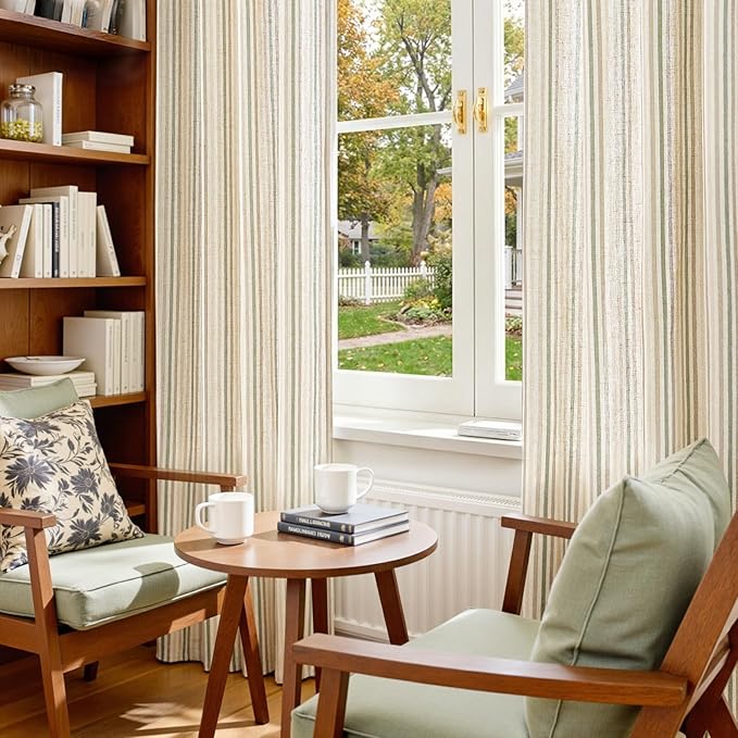 jinchan Linen Curtains 96 inch Green Stripe for Kids Room Grommet 2 Panels | Kids Curtains for Nursery Living Room Bedroom Baby Boys Room,Cute Colorful Ticking Stripe,Cottagecore Rustic,Light Filtering