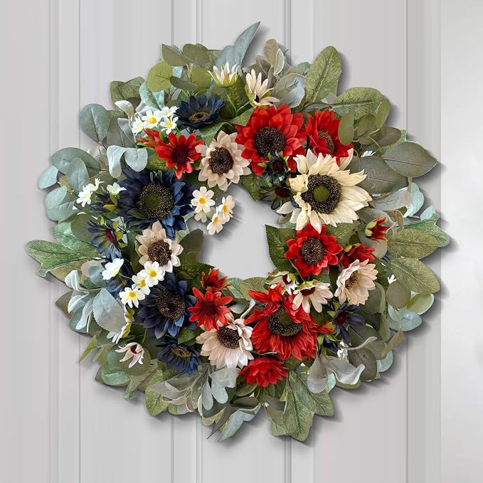 WANNA-CUL 24 Inch Patriotic Sunflower Wreath 4th of July Front Door Wreath | Red White Blue Summer Memorial Day Independence Day Labor Day Wreath for Indoor Outdoor Holiday Decor