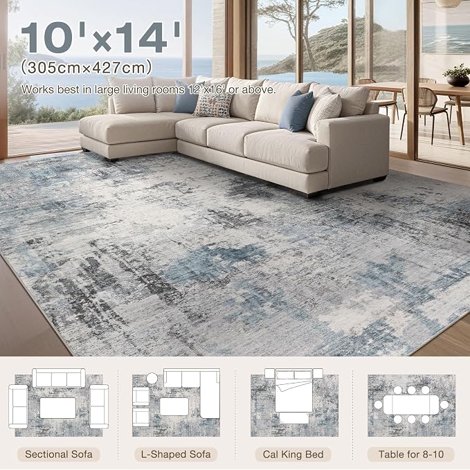 Abstract 10x14 Area Rug: Machine Washable Non Slip Ultra Thin Low-Pile Carpet, Soft Stain Resistant for Living Dining Room Bedroom, Kid Pet Friendly, Robot Vacuum Compatible - Grey Blue