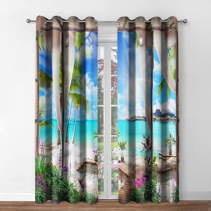 Jekeno Sunlight Beach Blackout Curtains - Tropical Ocean Sea Island Palm Tree Summer Nature Scape Print Decor Home Apartment Bedroom Living Room Grommet Window Drapes 2 Panels Set,42x84 Inch