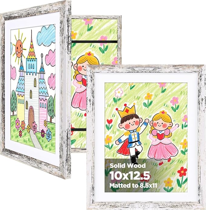 KINLINK 10x12.5 Kids Art Frame 2 Pack, Solid Wood Artwork Frames Changeable, Front Opening Hold 150 Pictures, Art Frames for Kids Artwork, 8.5x11 with Mat 10x12.5 without Mat, Picture Frames Rustic White