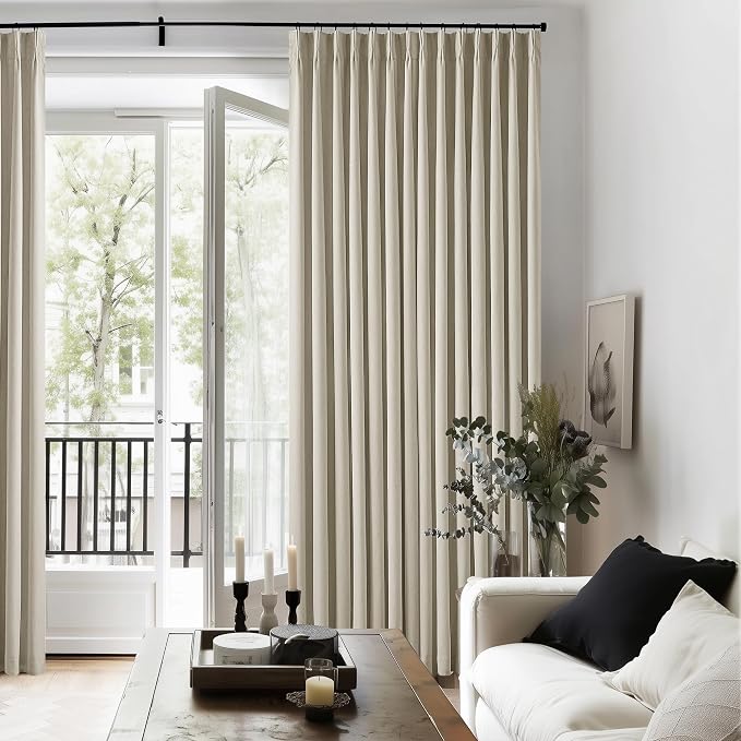 Neutral Pinch Pleat Linen Blackout Curtains 108 Inches Long 2 Panel Set for Living Room Back Tab Pleated Drapes Room Darkening Light Blocking Window Curtain for Bedroom Cottage Farmhouse Taupe 9 FT