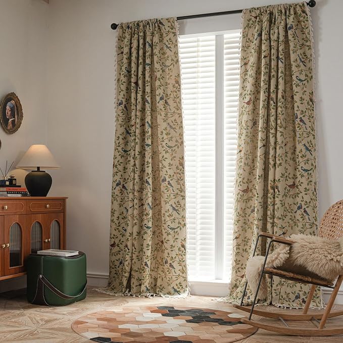 ENJOYBRIDAL Floral 84 Inches Curtains for Bedroom Jacquard Drapes Bird Patterned Semi Sheer Boho Living Room Window Curtains 2 Panels Farmhouse Rod Pocket Light Filtering Decorative Window Treatments