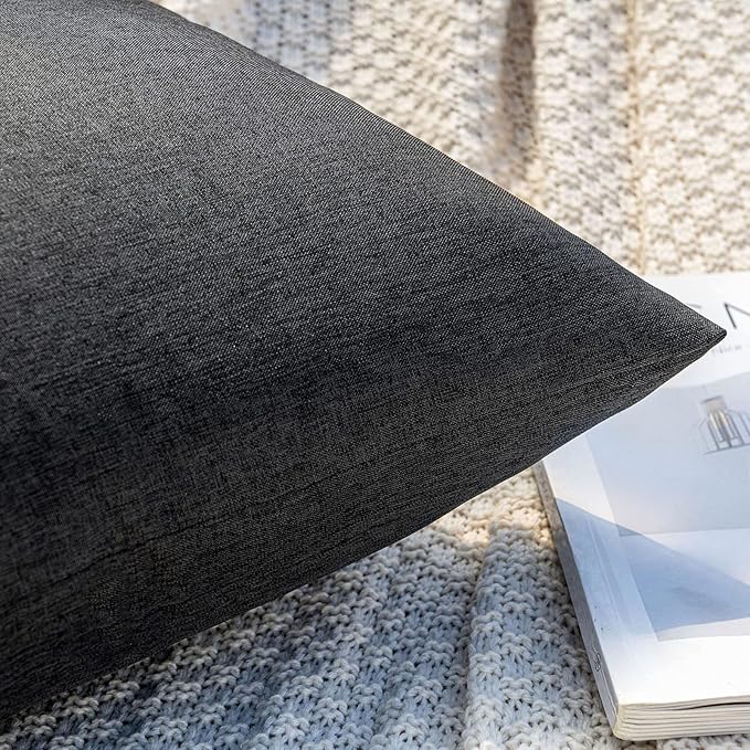 MIULEE Pack of 2 Decorative Outdoor Solid Waterproof Throw Pillow Covers Faux Linen Garden Farmhouse Cushion Cases for Halloween Tent Balcony Couch Sofa 16x16 Inch Black