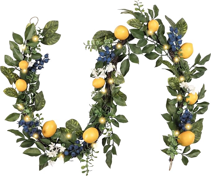 Valery Madelyn 6ft Artificial Lemon Garland for Mantel Summer Decor(Thick) | Faux Lemons Eucalyptus & Blueberry Summer Garland with Lights for Stairs Table Fireplace Farmhouse Kitchen Home Decor