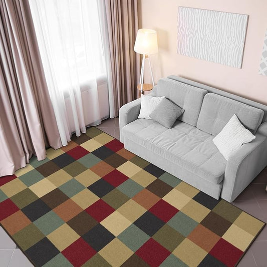 Ottomanson Living Room Area Rug – Non Slip Low Pile Carpet for Bedroom, Office & Family Room, 5' x 6'6", Checkered Multicolor
