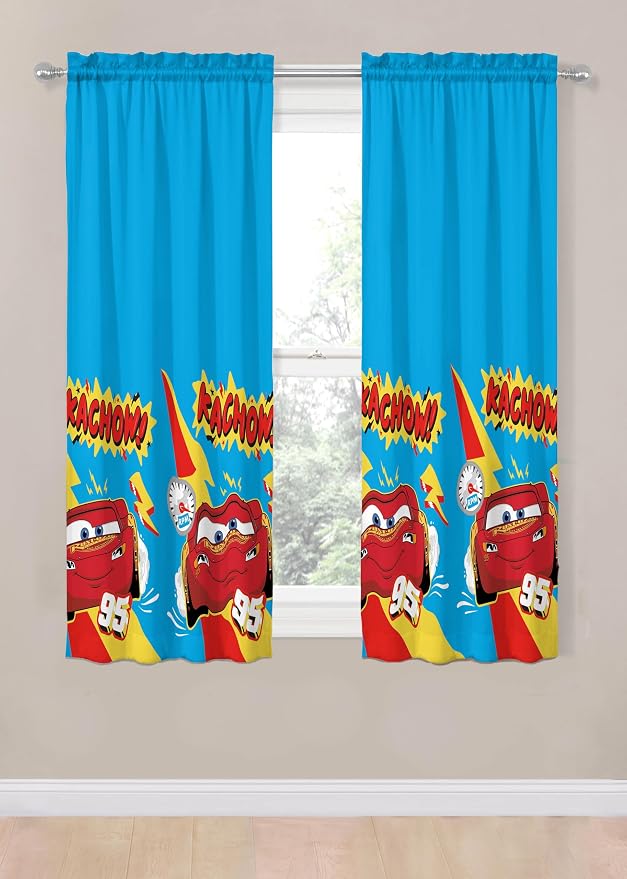 Sunny Side Up Window Curtains for Kids Bedroom 4-Piece Drape Set with 2 Tiebacks, Blue - Cars, 42" W x 63" L (Pack of 2)