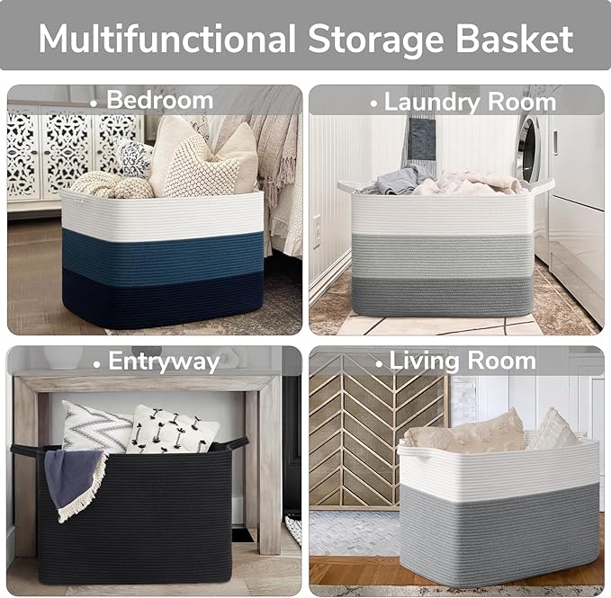 Goodpick 105L Extra Large Blanket Basket 25" x 16" x 16" Cotton Rope Storage Bins for Dirty Clothes Pillows, Decorative Woven Basket with Handles, Toy Baskets Storage Kids, Gray