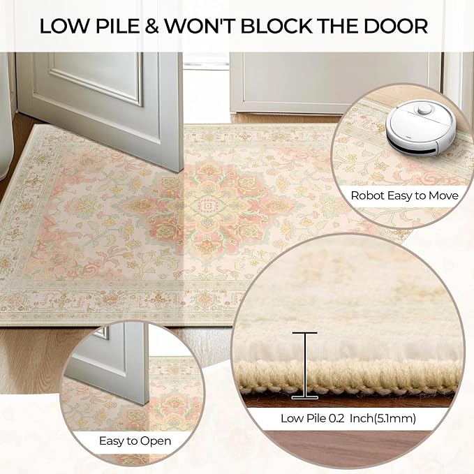 CAPALOCA Machine Washable Rugs Nursery Rug 2x6 Cute Girl Non Slip Low Pile Water Repellent Soft Print Pattern for Bedroom Indoor Decor Kids Playroom Pink Green