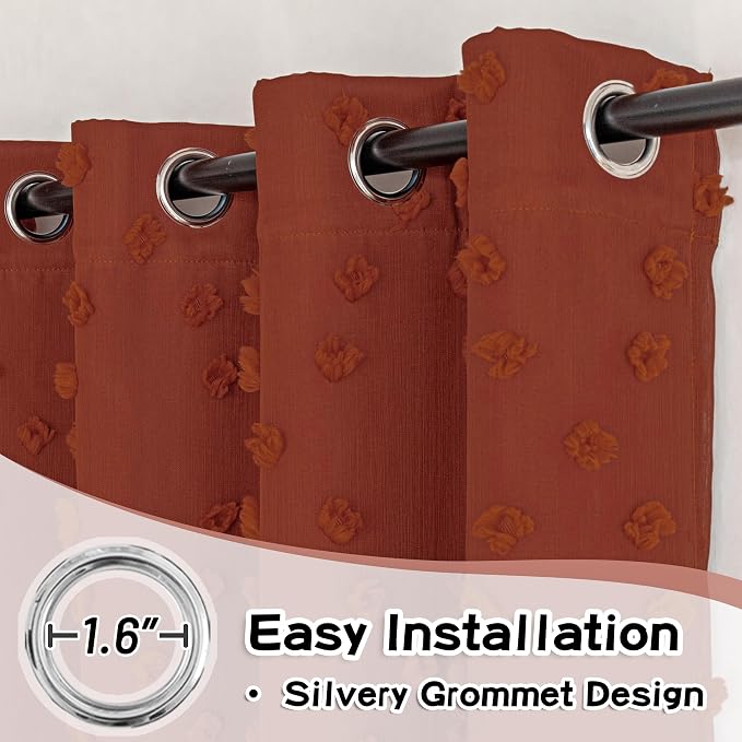 MYSKY HOME Terracotta Blackout Curtains for Living Room 90 Inches Long Boho Curtains Double Layer Brick Red Pom Pom Sheer Overlay for Toddler Grommet Privacy Protect Window Drapes 52" x 90", 2 Panels