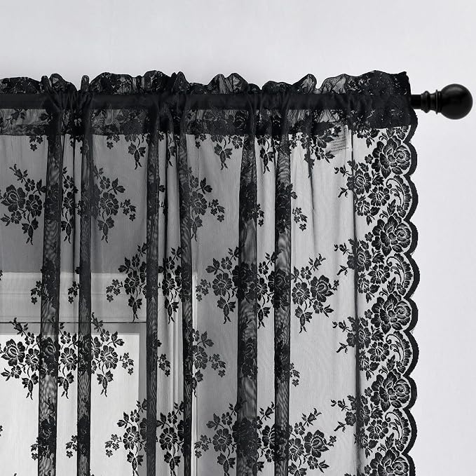 Kotile Black Lace Curtains 63 Inch Length 2 Panels, Country Rustic Floral Gothic Sheer Curtains for Halloween, Rod Pocket Vintage Privacy Sheer Lace Curtains, 42 x 63 Inch Each, 1 Pair, Black